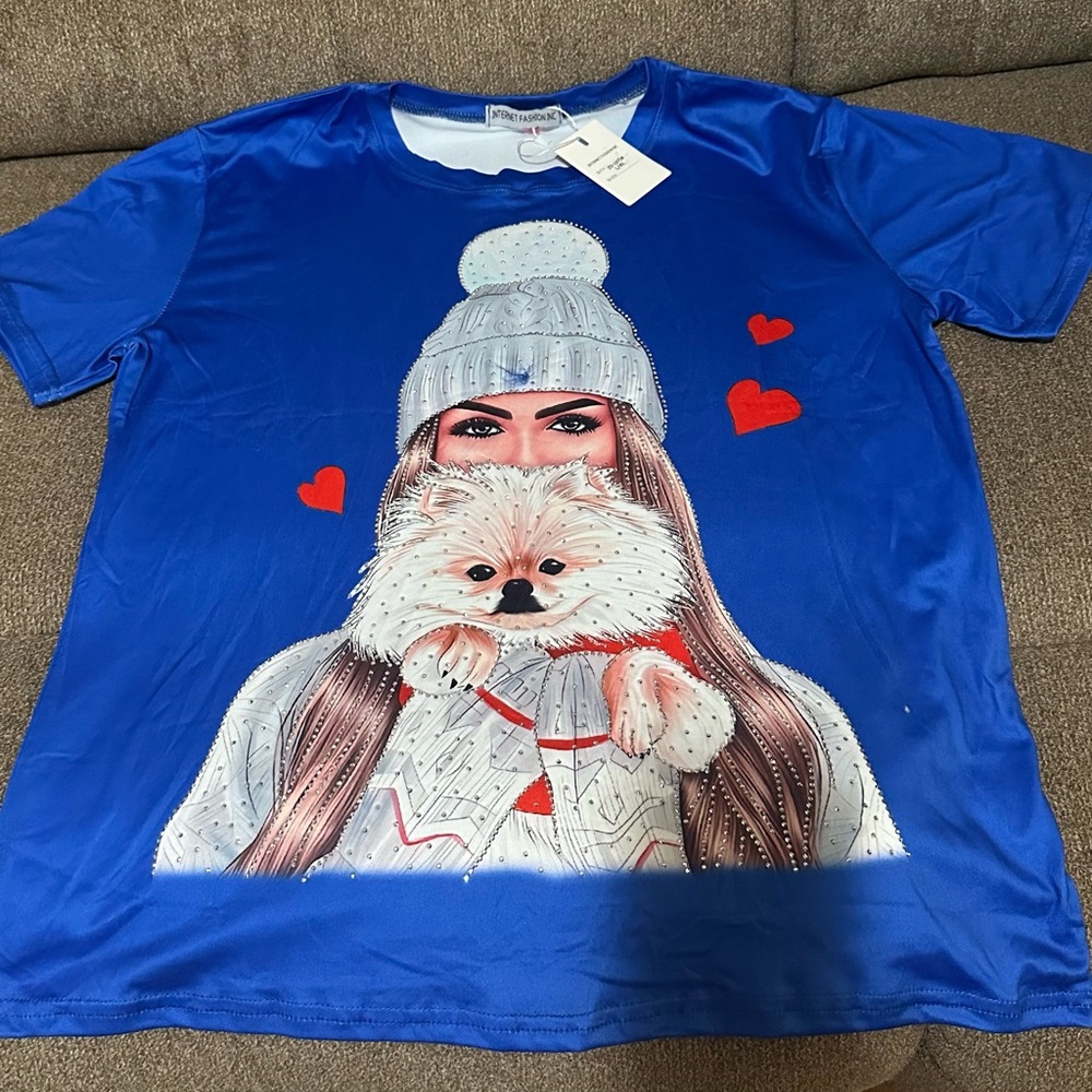 Blue Graphic T-Shirt with Dog and Hearts